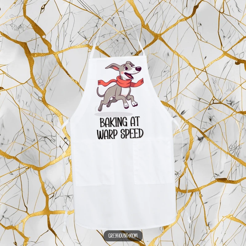 Funny Greyhound in a sleek racing scarf running with pure joy, depicted on a kitchen apron for a humorous and energetic cooking experience.