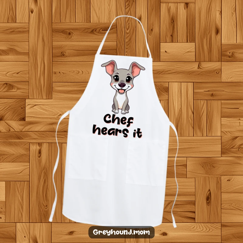 Funny Alert Greyhound Apron: A chef's apron with a happy, alert dog, a fun and practical funny gift.