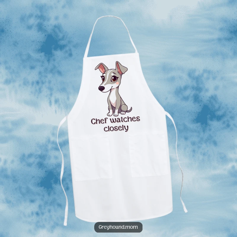Funny apron showing a Greyhound with a gentle gaze, watching attentively during kitchen tasks.