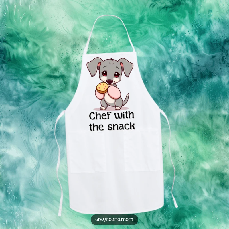 Funny Greyhound apron, depicting the dog in oven mitts holding a treat, adding a whimsical touch to kitchen wear. A delightful funny gift.