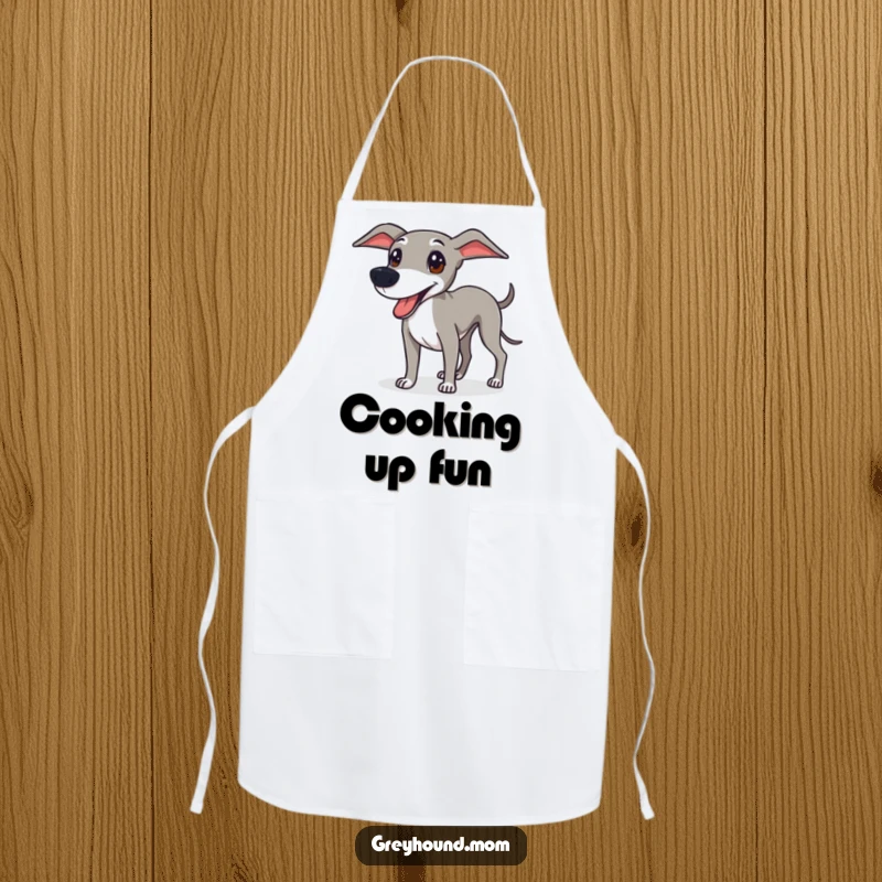 Funny Greyhound apron featuring a sleek dog ready for fun, ideal for cooks who appreciate an energetic and playful kitchen vibe.