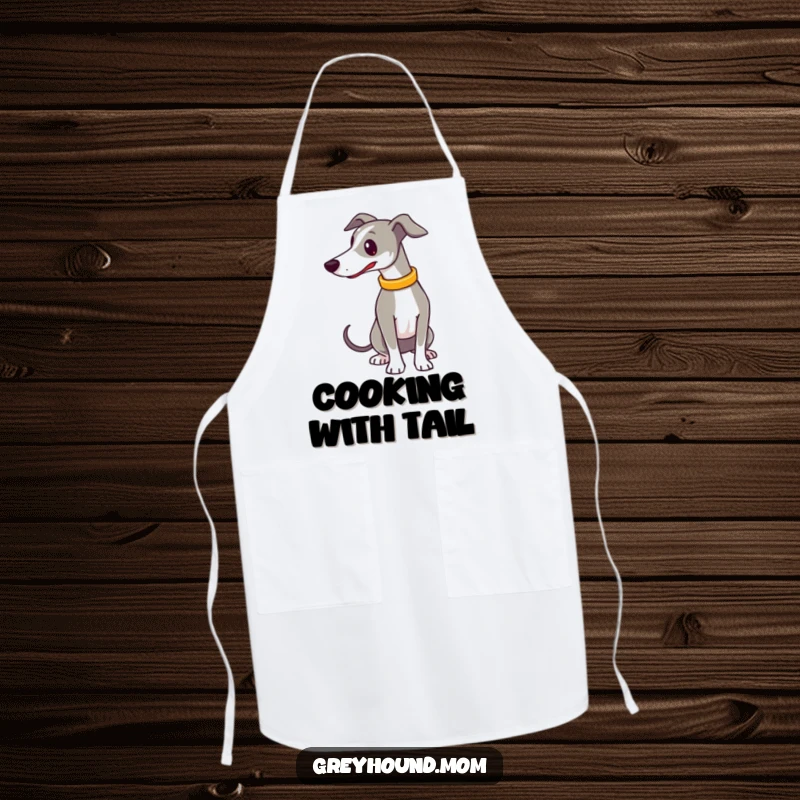 Funny Apron: A Greyhound wearing a shiny collar wags its tail with glee, adding a humorous and happy vibe to cooking.