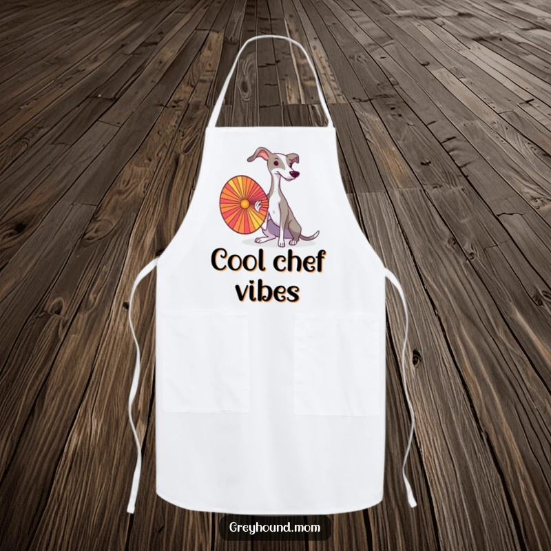 A graceful Greyhound fanning itself with a colorful fan, printed on a functional kitchen apron.