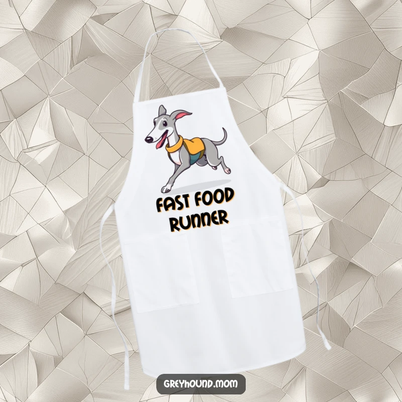 Funny apron showing a cheerful Greyhound in a sporty vest, ready for kitchen adventures.