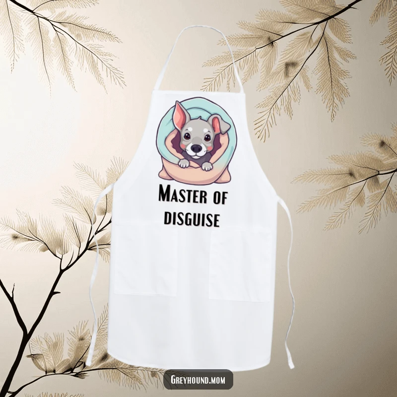 Funny Greyhound apron, curious dog peeking from a blanket, cute kitchen accessory, humorous gift for home cooks.