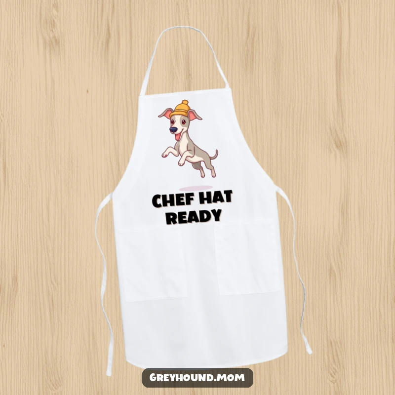 Funny Greyhound Hat Apron: A dog wearing a tiny hat, leaping while cooking, a fun and practical funny gift.