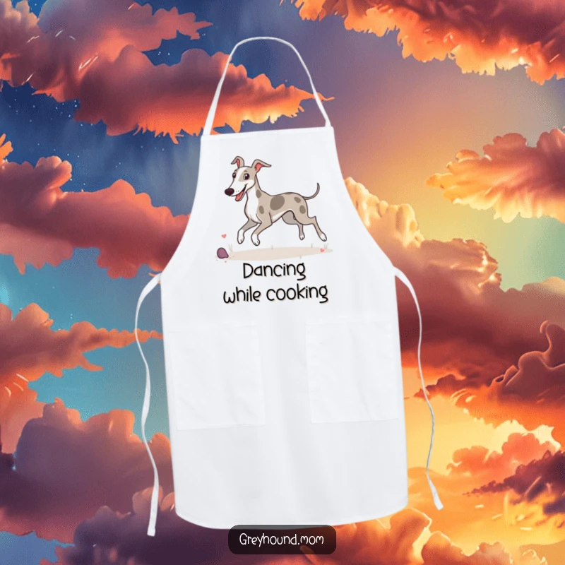 Funny apron showing a Greyhound happily prancing and enjoying its surroundings with a cheerful look.