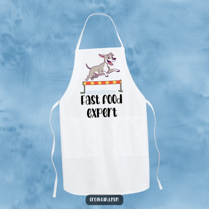 Funny Greyhound apron, a happy dog leaping joyfully over a small hurdle, perfect for swift kitchen tasks.