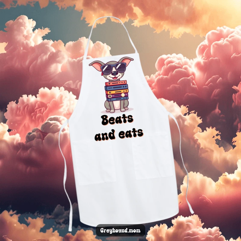 Funny Greyhound in sunglasses, balancing tiny record albums, humorous and practical apron for music fans.