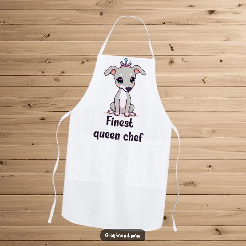 Funny Greyhound apron, depicting the dog with a tiny tiara, posing elegantly, adding a touch of class to kitchen wear. A delightful funny gift.