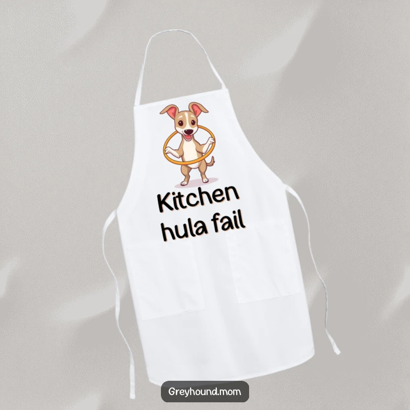 Funny Greyhound trying to hula hoop with a small hoop, printed on a functional kitchen apron.