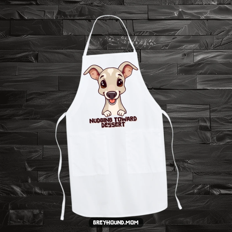 Funny Greyhound apron featuring a cheerful dog offering an elegant head nudge, perfect for stylish cooks who love dogs.