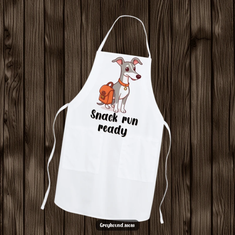Funny Greyhound outing apron, a dog with a satchel, ready for errands.