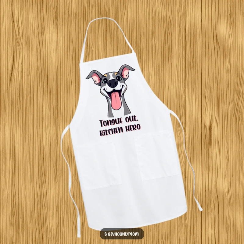 Funny Greyhound Apron with tongue lolling out in playful excitement, ideal for a humorous cooking gift.