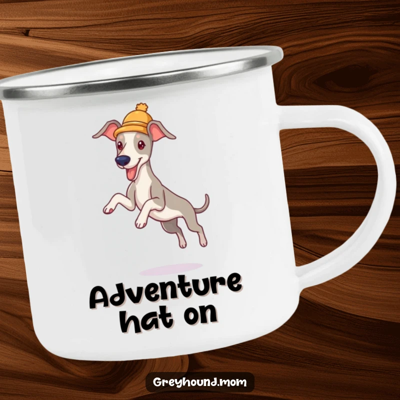 Funny Greyhound Hat Camping Mug: A sturdy mug with a dog in a hat, jumping, a humorous outdoor funny gift.