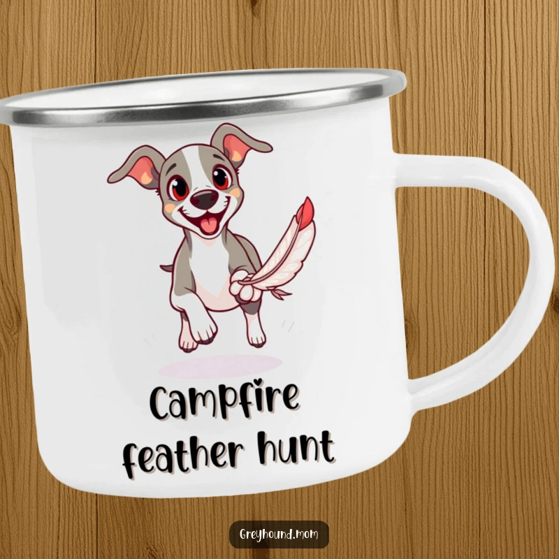 Funny camping mug showing a Greyhound with eager eyes, joyfully chasing a feather toy.