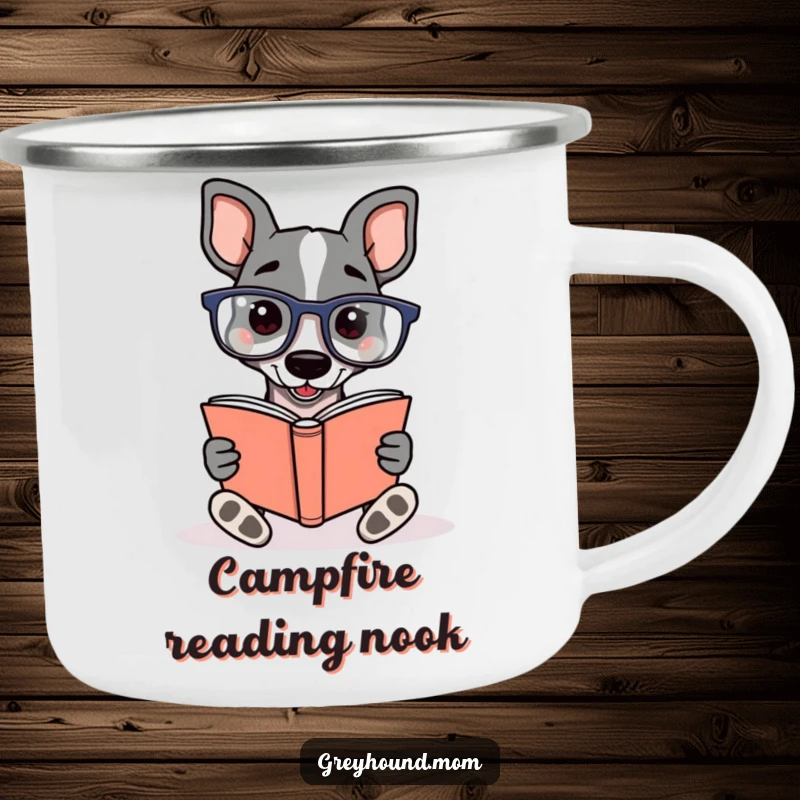 Funny Greyhound wearing reading glasses, enthusiastically reading a book, on a durable camping mug for humorous outdoor reading sessions.