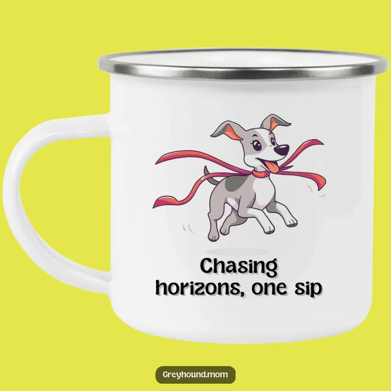 Funny Adventure Greyhound Camping Mug: Ribbon Chase - Outdoor Fun Gift
