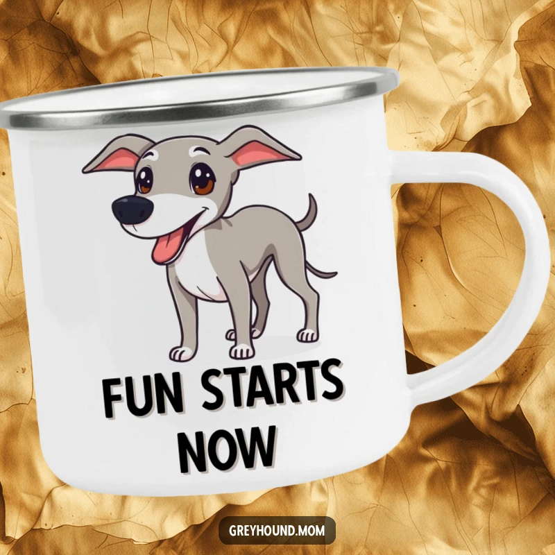 Funny Greyhound camping mug with a sleek dog ready for fun, perfect for outdoor enthusiasts and playful dog lovers.