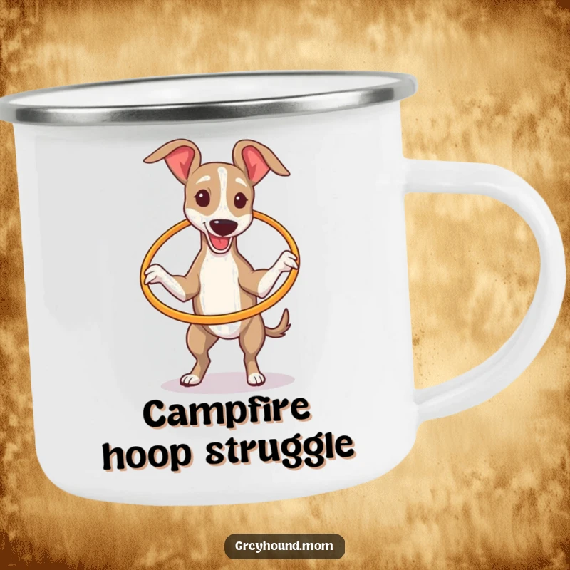 Funny Greyhound attempting to hula hoop with a tiny hoop, on a rustic enamel camping mug for outdoor laughs.