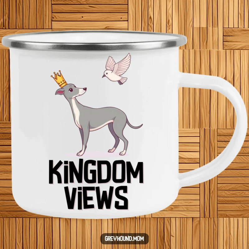 Funny Greyhound camping mug, enamel cup with a crowned dog intently watching a bird, majestic outdoors.