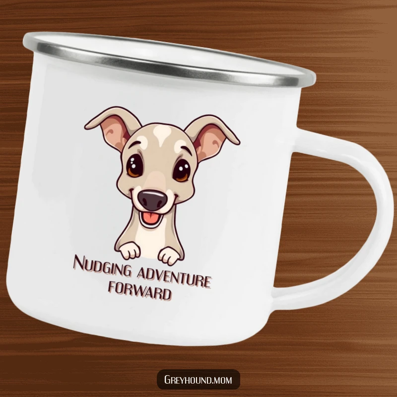 Funny Greyhound camping mug with a cheerful dog offering an elegant head nudge, perfect for outdoor enthusiasts and dog lovers.