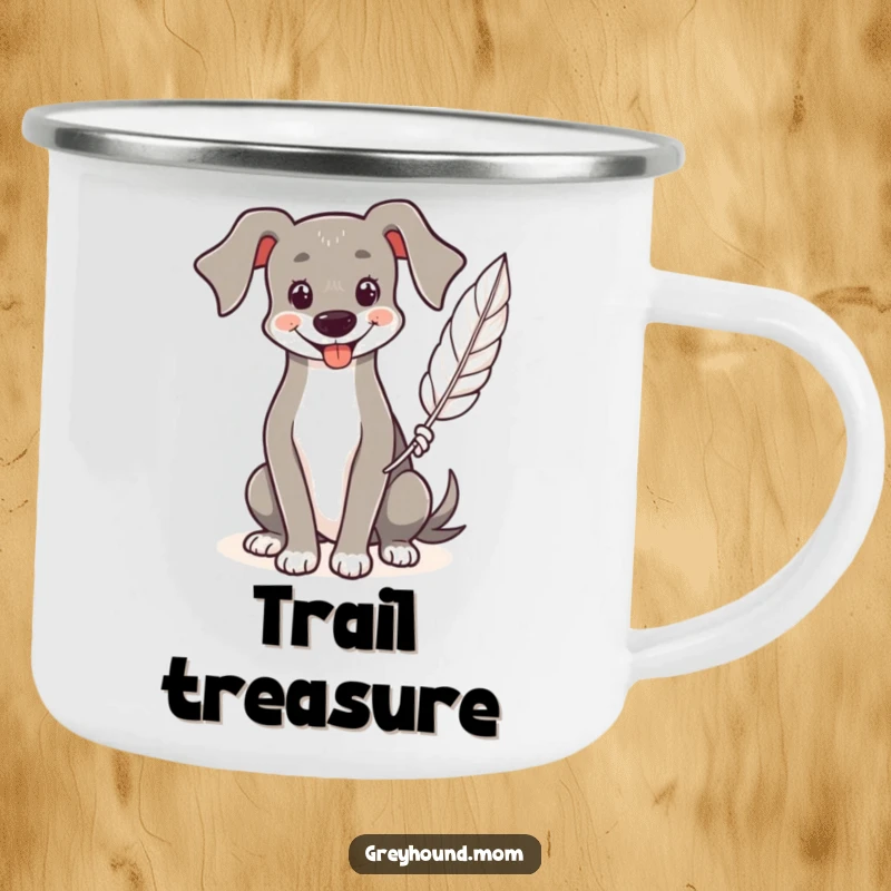 Funny Greyhound camping mug, enamel cup with a smiling dog holding a feather, cheerful outdoor companion.