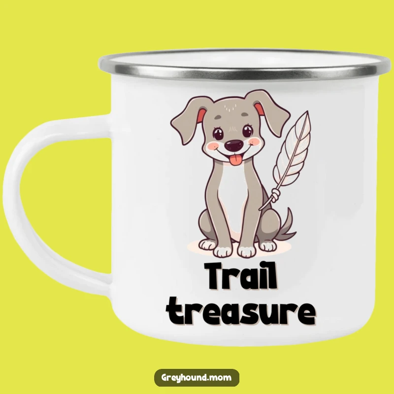 Funny Greyhound Camping Mug: Feather Holder, Smiling Trail Buddy