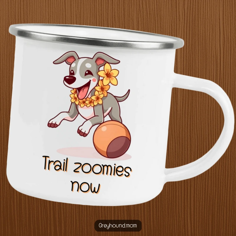 Funny Greyhound with flower lei running joyfully after a rolling ball, durable camping mug for outdoor fun.