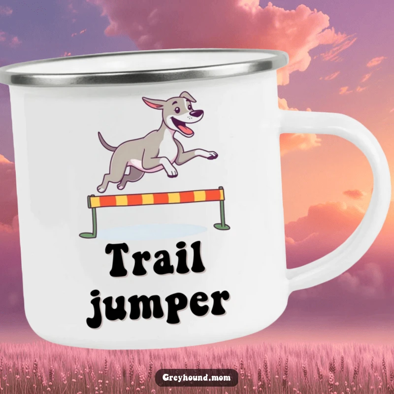 Funny Greyhound camping mug, a happy dog leaping joyfully over a small hurdle, perfect for outdoor athletic enjoyment.