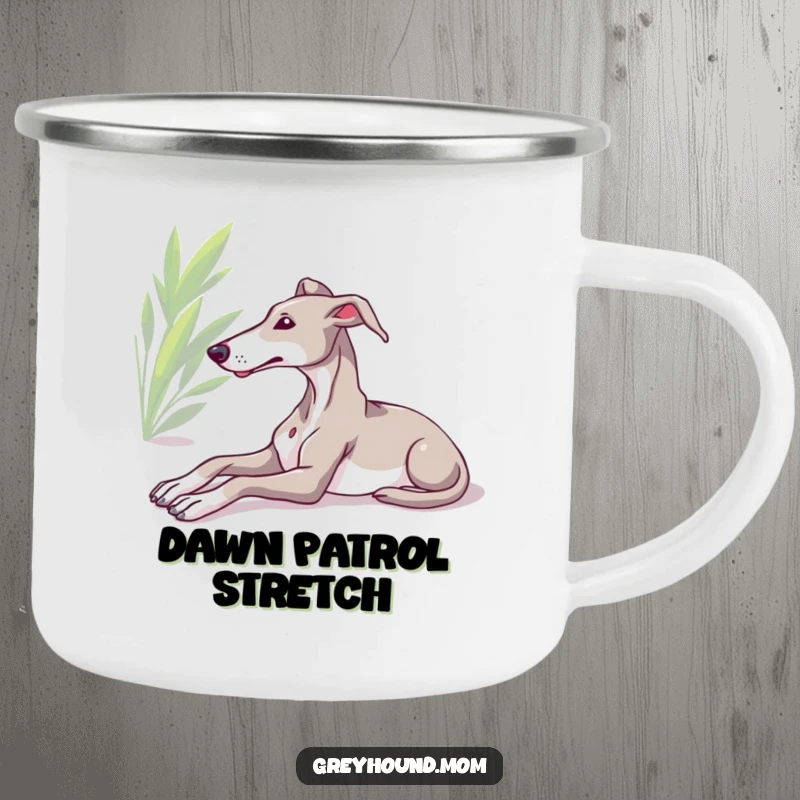 Funny Greyhound camping mug, relaxed dog stretching in sun, durable outdoor design, humorous gift for adventurers.