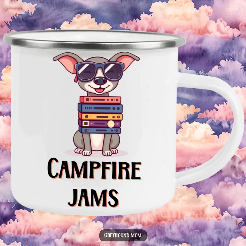 Funny Greyhound wearing large sunglasses, balancing tiny records, durable and humorous camping mug.