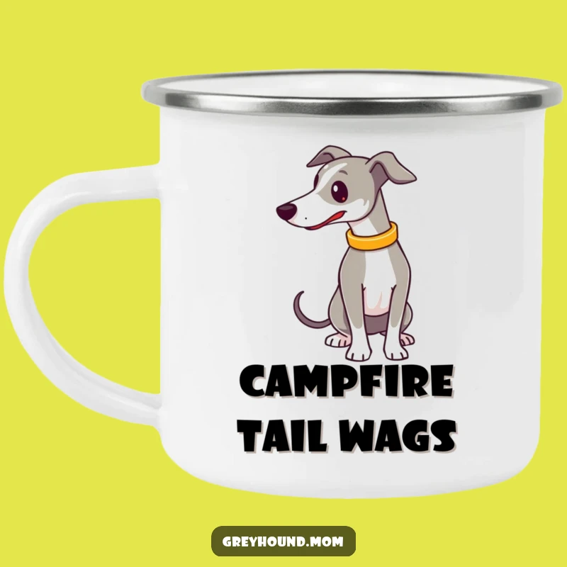 Funny Greyhound Wagging Tail Camping Mug: Happy Trails & Hot Drinks