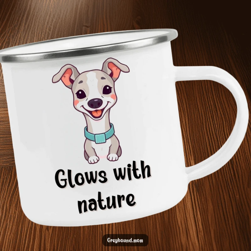 Funny Greyhound smiling camping mug, a dog with an elegant collar, outdoor fun.