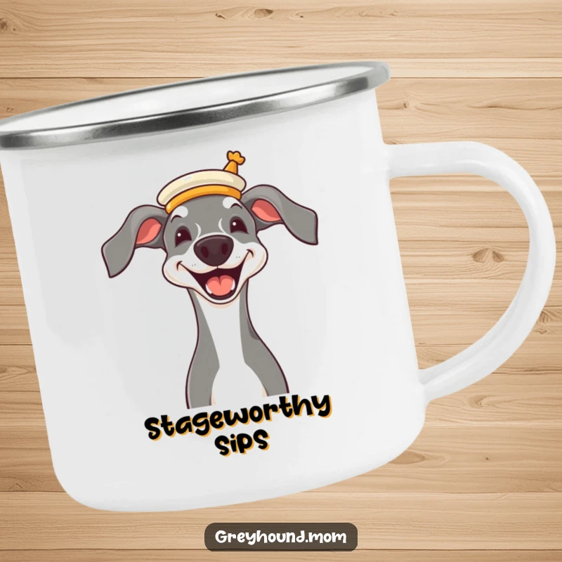 Funny Greyhound wearing a miniature opera hat, joyful grin, durable and humorous camping mug.