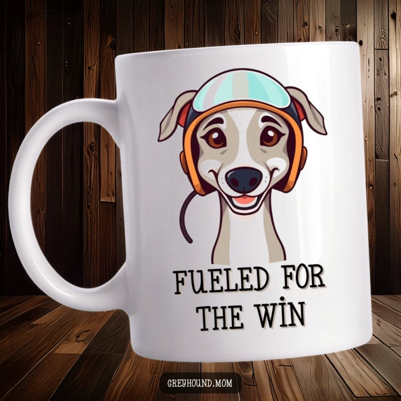 Funny mug of a Greyhound dog with a confident smile, wearing a small racing helmet, looking ready to speed.