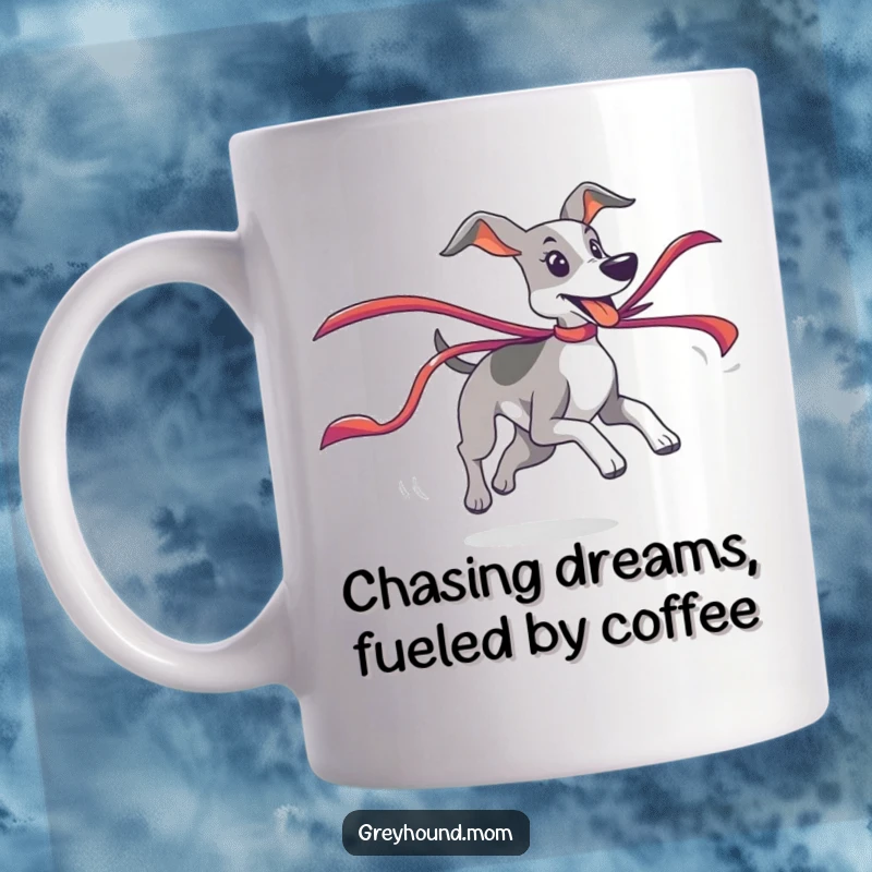 Funny Greyhound Mug depicting a playful chase of a colorful ribbon in the wind.