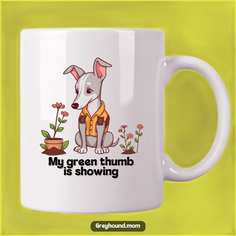 Funny Gardener Greyhound Mug: Adorable Dog Admiring Flower, Perfect Funny Gift