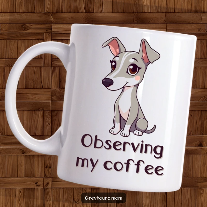 Funny mug: A Greyhound with a soft, gentle gaze watches something attentively and calmly.