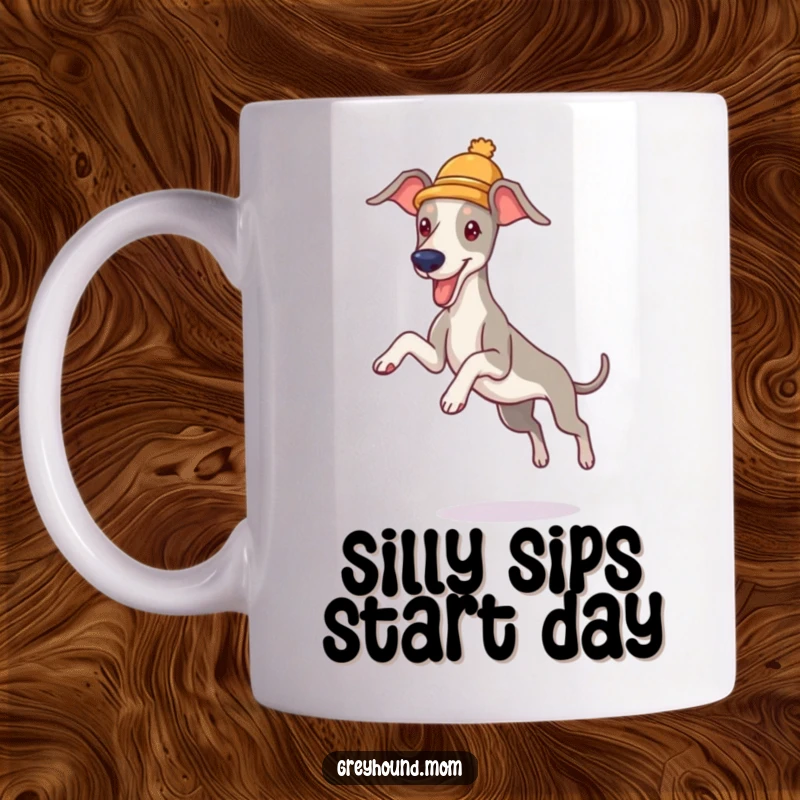 Funny Greyhound Hat Mug: A happy dog wearing a small hat, jumping with joy, perfect funny gift.