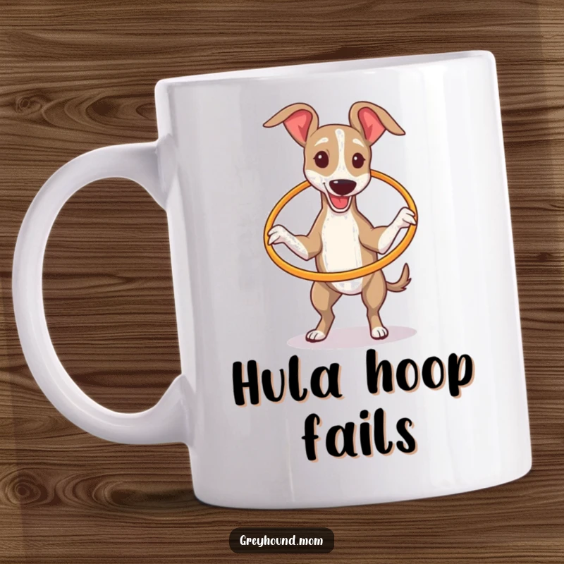Funny Greyhound comically attempting to hula hoop with a miniature hoop, looking slightly bewildered on this humorous mug.