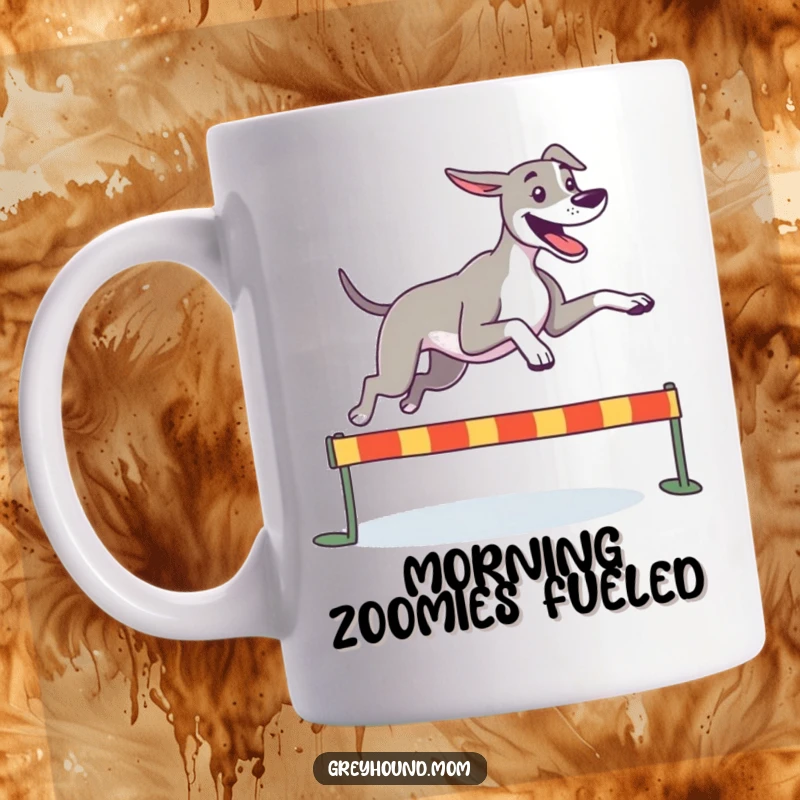 Funny Greyhound mug, happily leaping joyfully over a small hurdle, capturing the essence of speed and pure exhilaration.