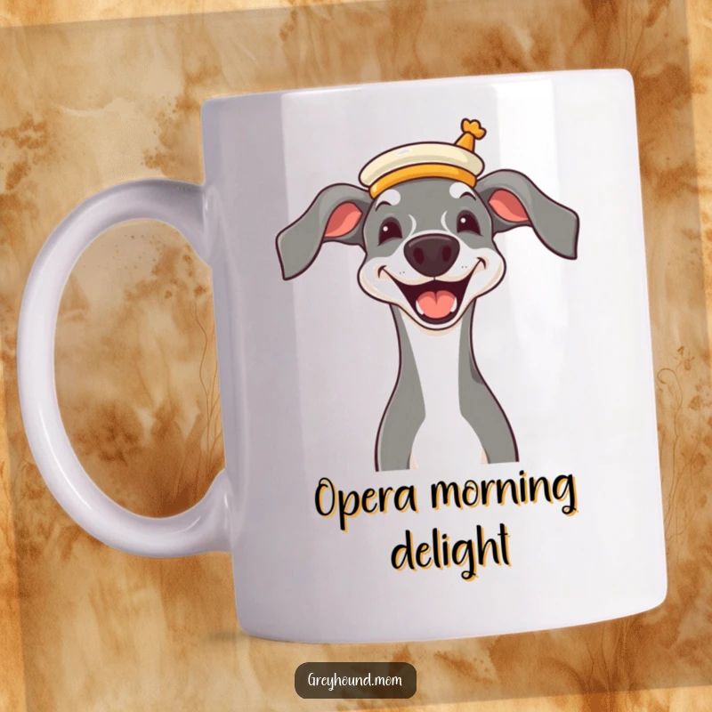 Funny Greyhound with a joyful grin, wearing a miniature opera hat, elegant and humorous mug.