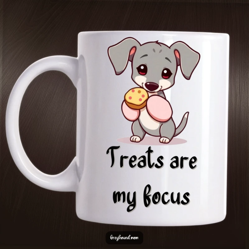 Funny Greyhound mug, wearing oven mitts, proudly holding a delicious-looking treat with care. Great funny gift for dog owners.