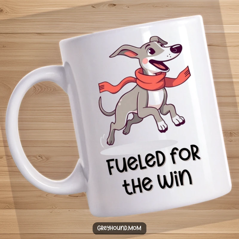 Funny Greyhound in a sleek racing scarf, running with pure joy and speed, captured on a mug for energetic dog lovers.
