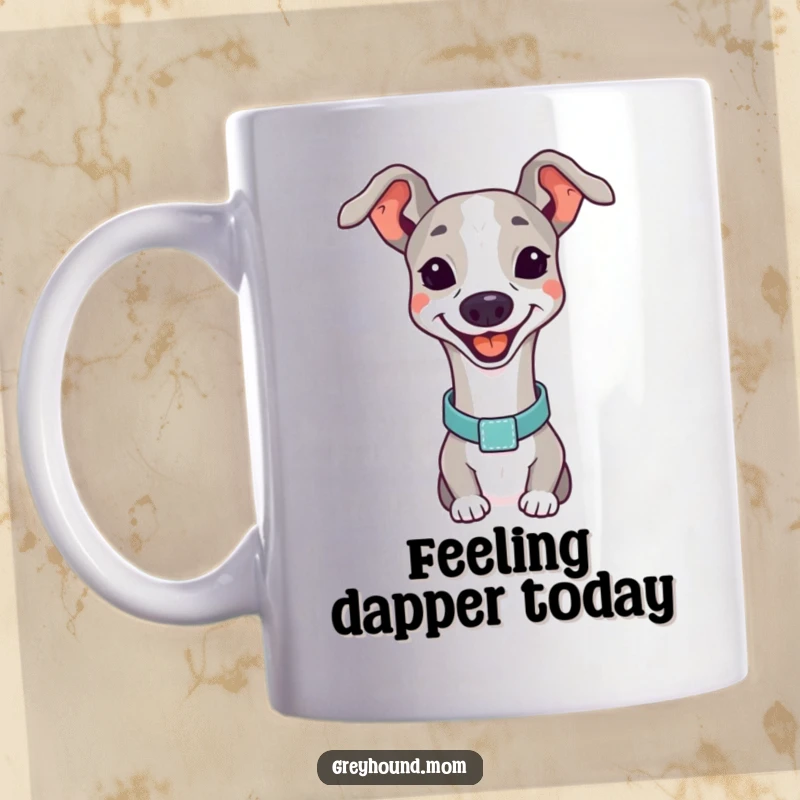 Funny Greyhound smiling mug, a happy dog with an elegant collar, pure joy.