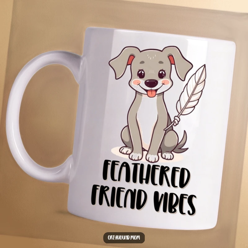 Funny Greyhound mug, smiling dog gently holding a delicate feather, conveying warmth and kindness.