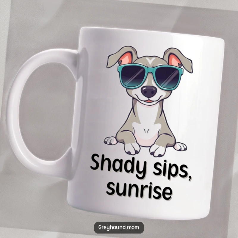 Funny Relaxed Greyhound Mug: A dog wearing big sunglasses, chilling peacefully, perfect funny gift.