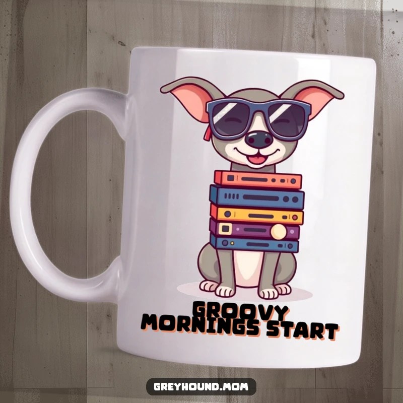 Funny Greyhound wearing oversized sunglasses, balancing a stack of small record albums, cool and retro mug design.