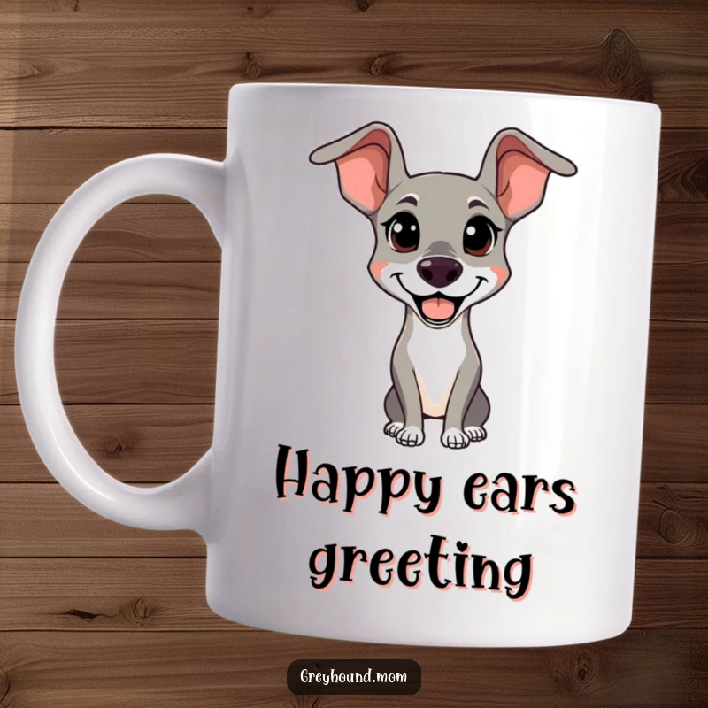 Funny Alert Greyhound Mug: A happy dog with sleek ears looking attentive and cheerful, perfect funny gift.